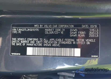 2019 Volvo S60 T6 Inscription from USA, damaged, VIN 7JRA22TL2KG012176